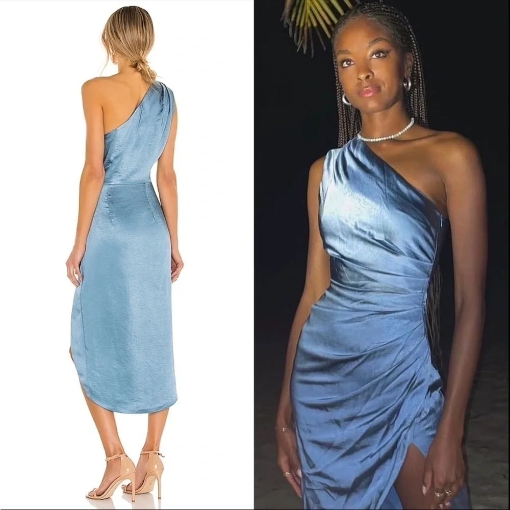 NWT ELLIATT 90s Ruched Satin Sleeveless 1 Shoulder Tulip Wrap Hem Midi Dress‎ XS